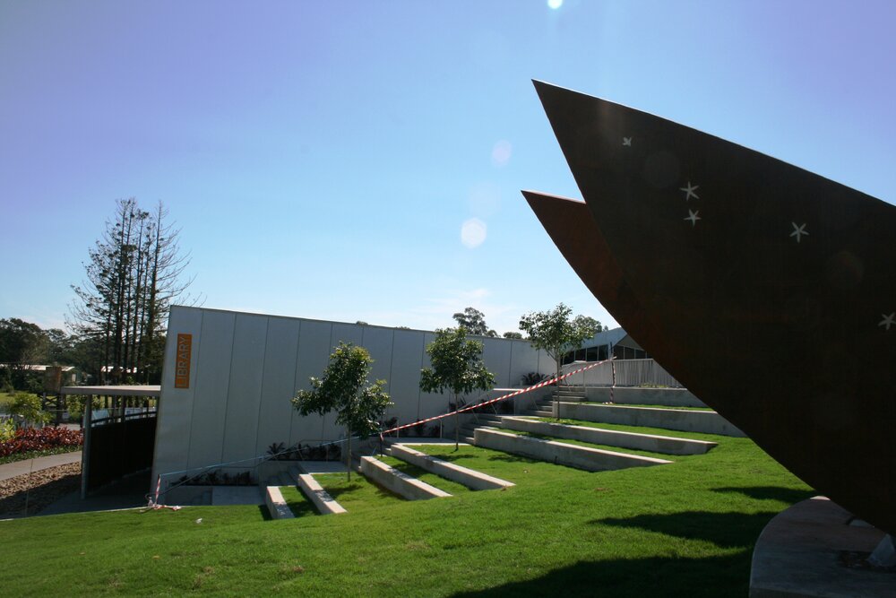 'Bunya' sculpture and exterior building, prior to opening, Cooroy Library, 9 Maple Street, Cooroy, 30 April 2010
