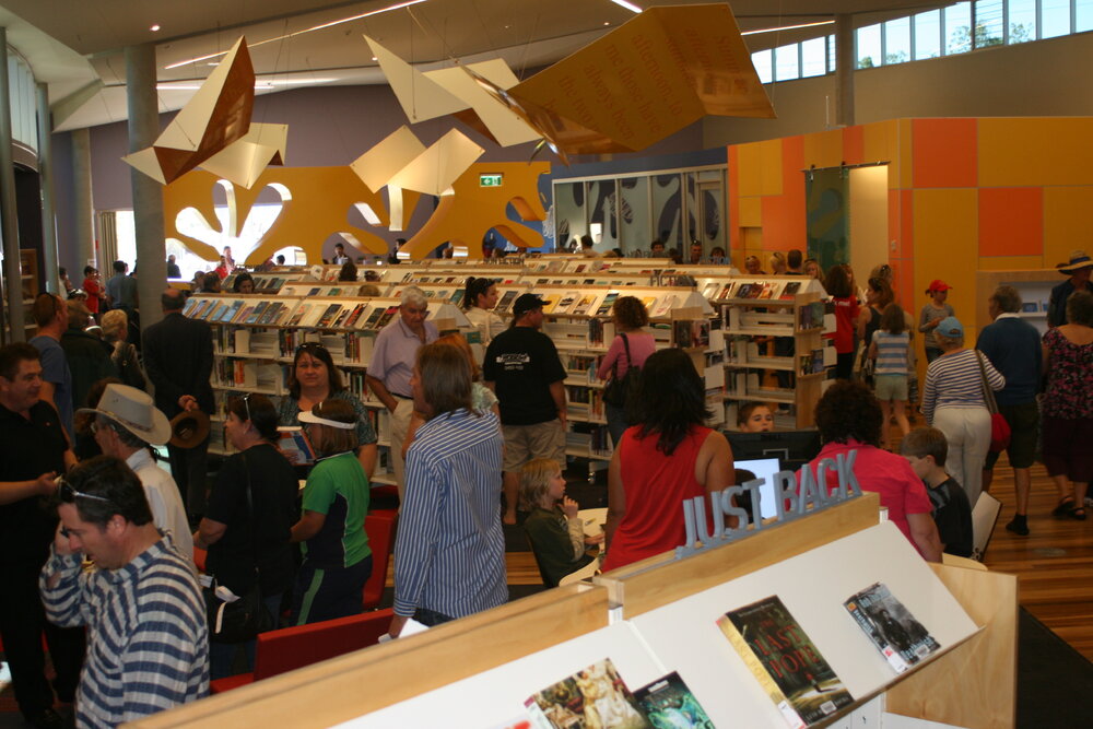 Attendees, official opening, interior, Cooroy Library, 9 Maple Street, Cooroy, 6 June 2010