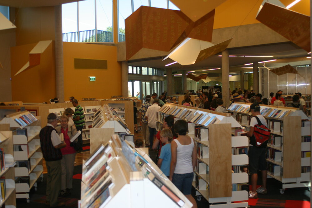 Attendees, official opening, interior, Cooroy Library, 9 Maple Street, Cooroy, 6 June 2010