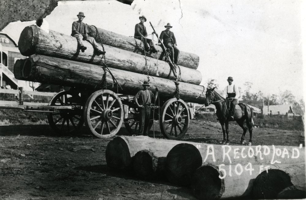 Bert Pearce (between the wheels), G.E. Adams (on horseback), J. Pearce, J. English and J. Ring (l-r seated on the load of logs), ca 1913-14