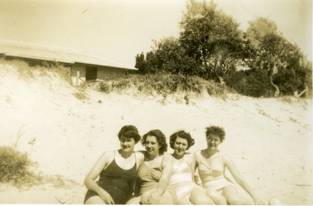 Emma Freeman (3rd left) and Friends, Noosa Main Beach, Noosa Heads, September 1950