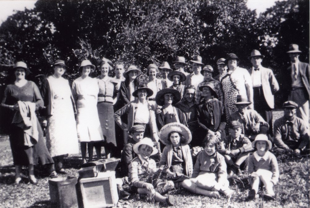Howard Parkyn (middle with hat), Jack Parkyn (seated with cap far right) and others