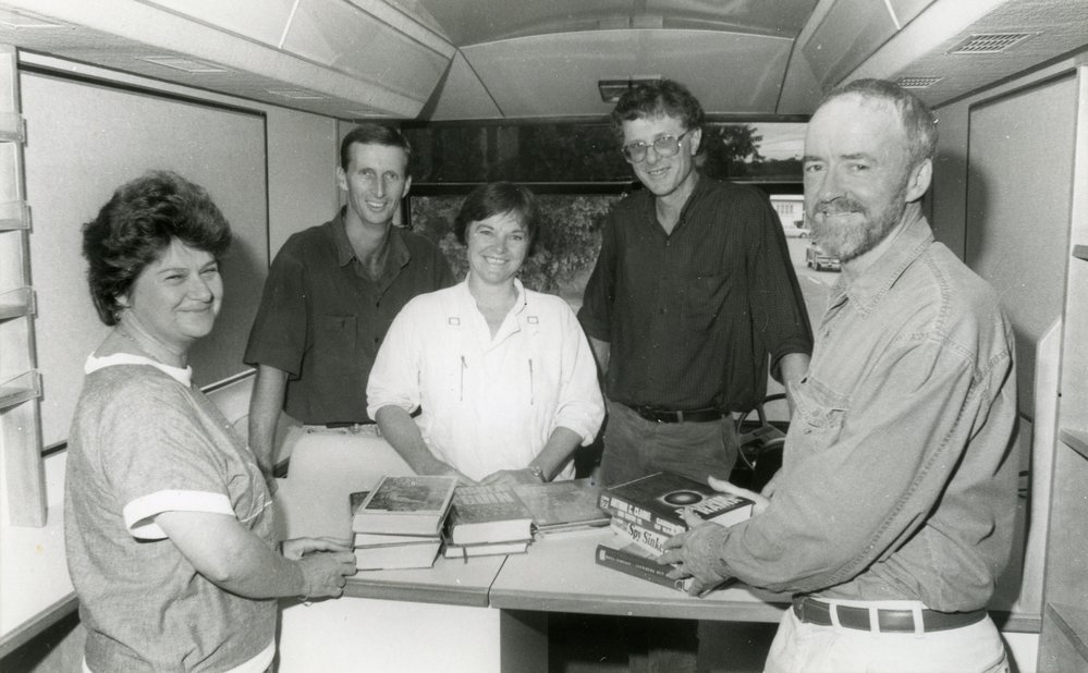 Janice Collins, Gavin Elliott, Dianne Warner, Richard Yeates, and Noel Playford (l to r) on-board the newly fitted out Mobile Library