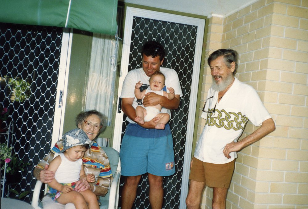 Olive Freeman (seated), Kevin Freeman (right) and Graeme Clement (centre) and his children, Unit 63, Laguna Retirement Village, Lake Weyba Drive,  Noosaville