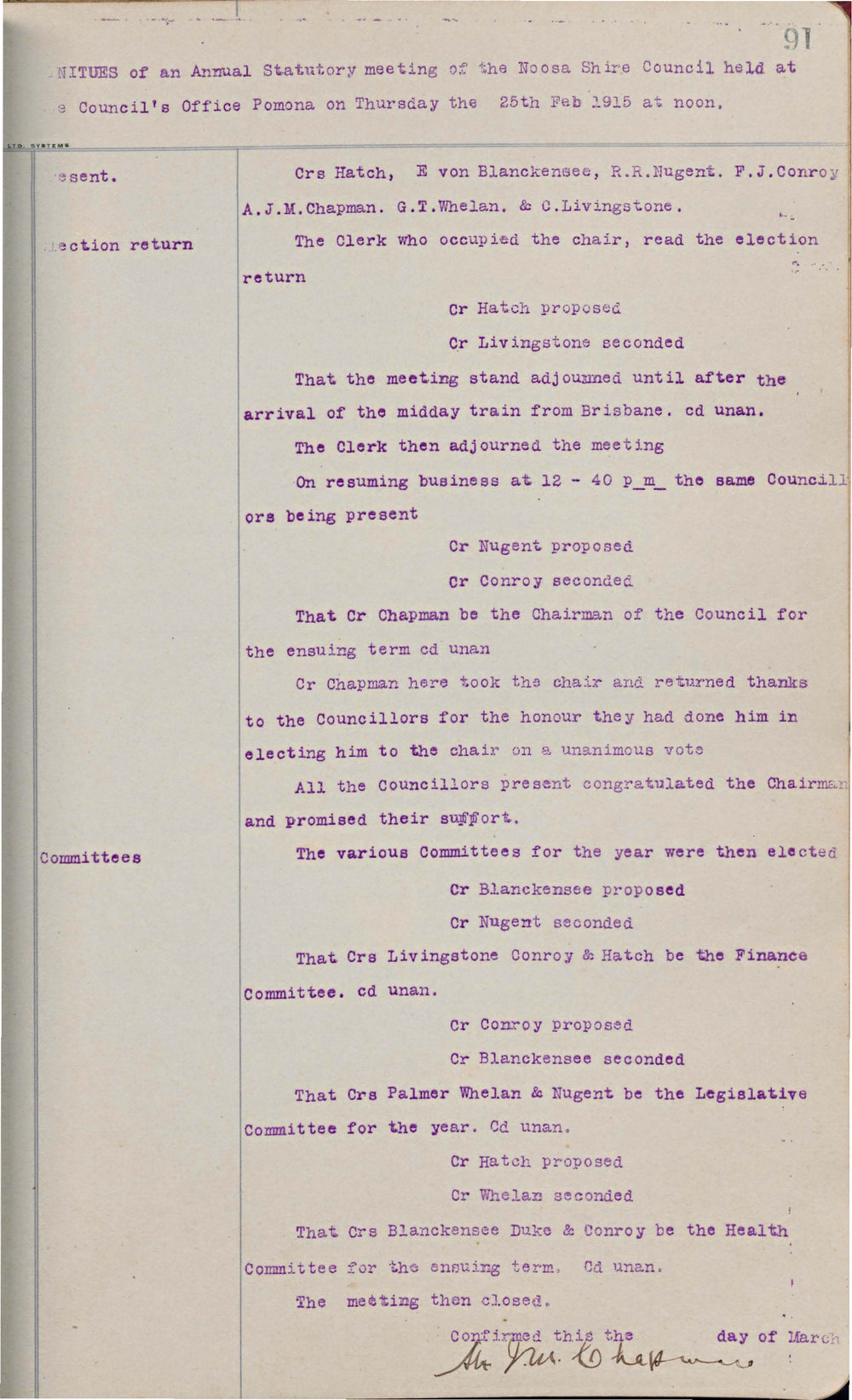 Noosa Shire Council Meeting Minutes 1915_02_25 Annual Statutory Meeting