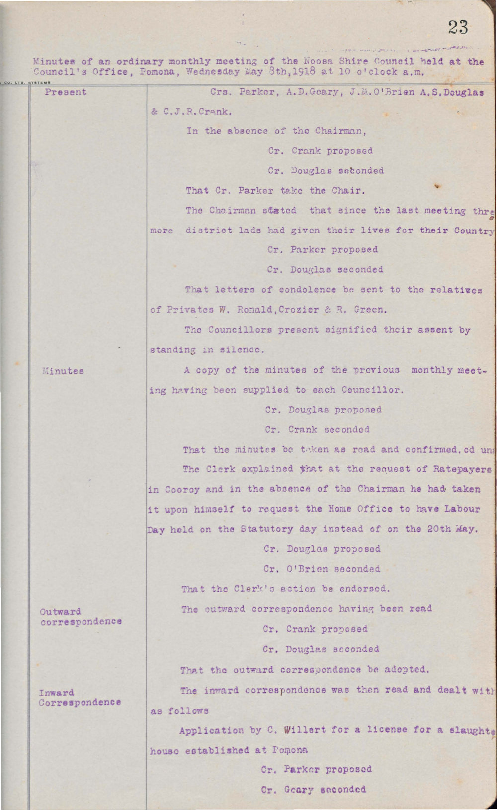 Noosa Shire Council Meeting Minutes 1918_05_08 Ordinary Meeting