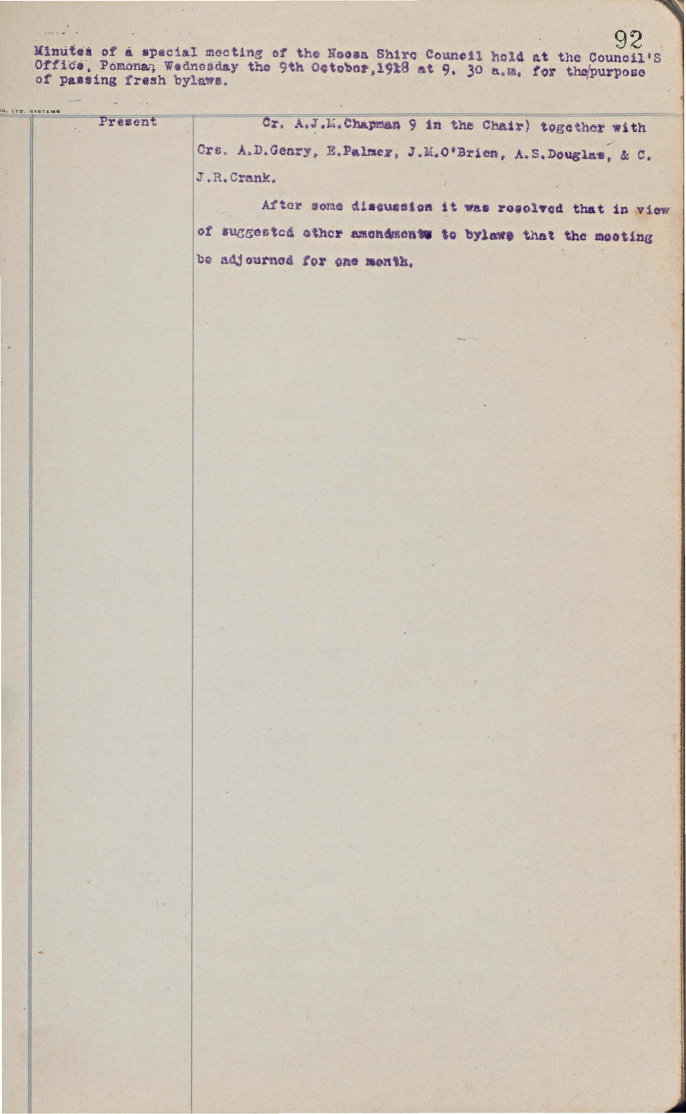 Noosa Shire Council Meeting Minutes 1918_10_09 Special Meeting