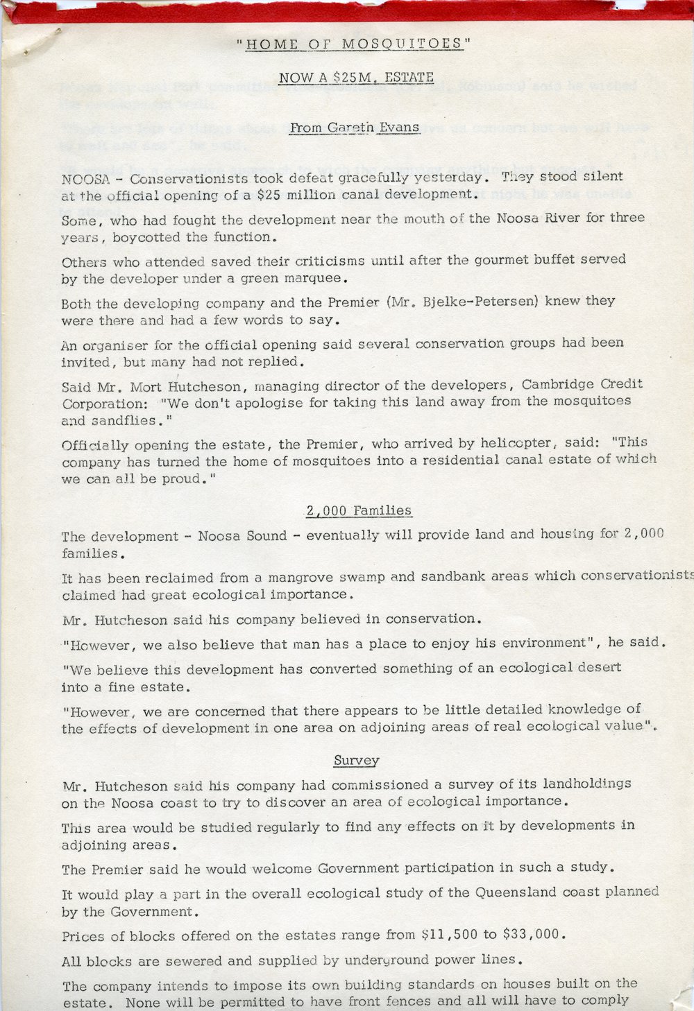 'Home of Mosquitoes - now a $25m Estate', from Gareth Evans, Noosa Sound Development, Noosa Heads, December 1973