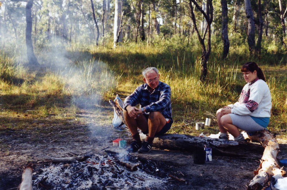 Vic Collins and Erica, Neebs Waterhole camping area, Cooloola Wilderness Trail, Great Sandy National Park, August 1992