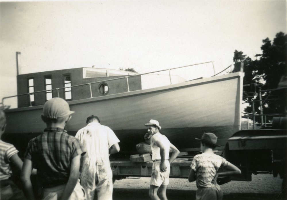 'Lady Eileen', being prepared for launch, Noosa River, ca 1970s