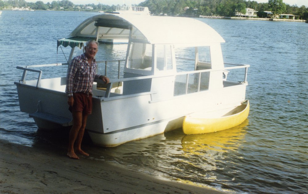 Vic Collins and his pontoon boat, Noosa River, Noosaville, ca 1990s