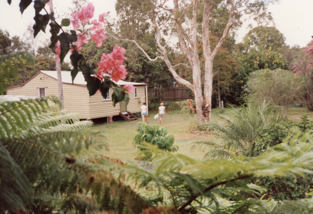 Pam Grice and Beulah Stanfield going for mangos, 'Burger Cottage', 135 Lake Weyba Drive, Noosaville, 1983