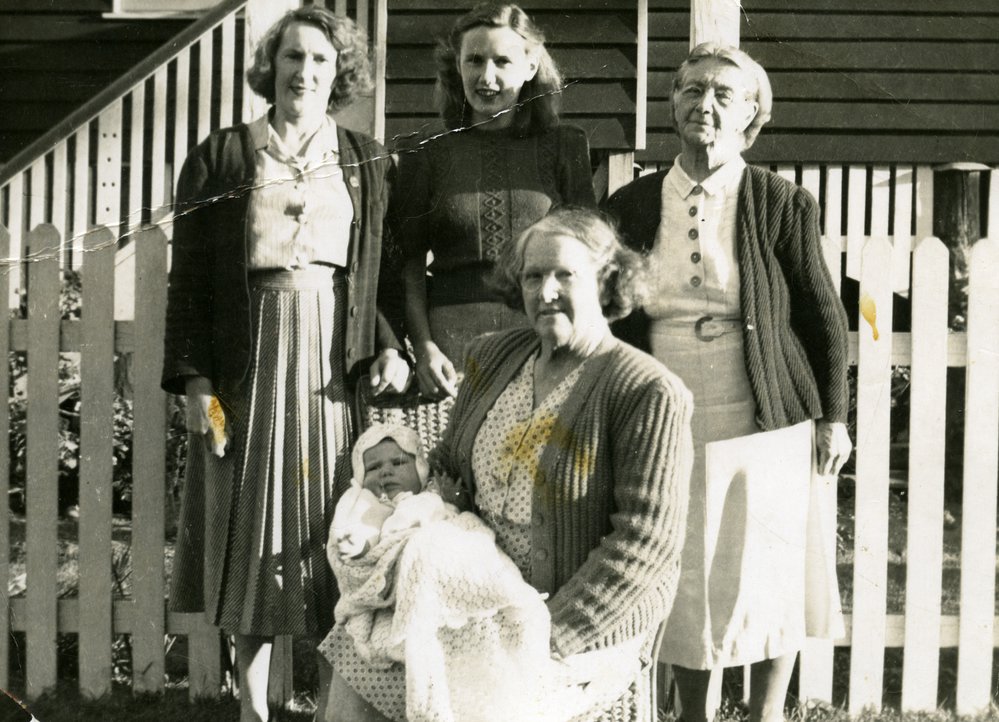 Five generations: Betty Freeman, Olive Freeman, Martha Hay (l-r) and Polly Greber and Dianne Clement (seated) , 21 August 1948
