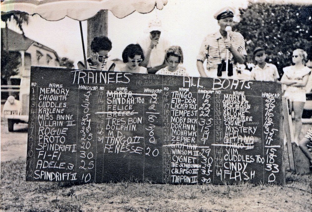 Festival of Waters, Boat entry board with Lionel Jarrett (on mic), Noosaville, 11 October 1959