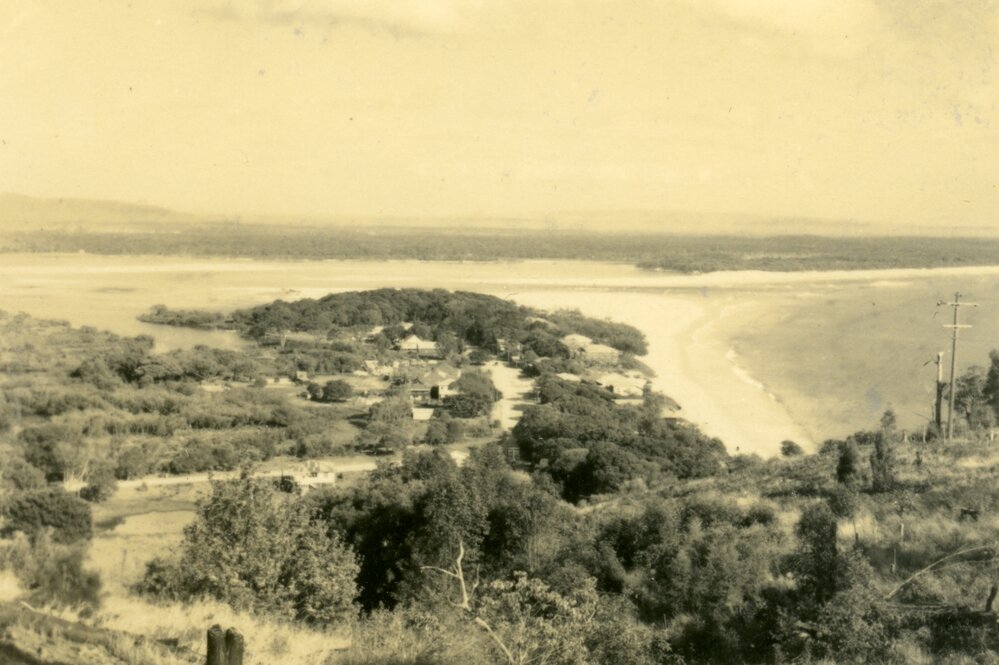View down to Hastings Street and Noosa River, Noosa Heads, 1954