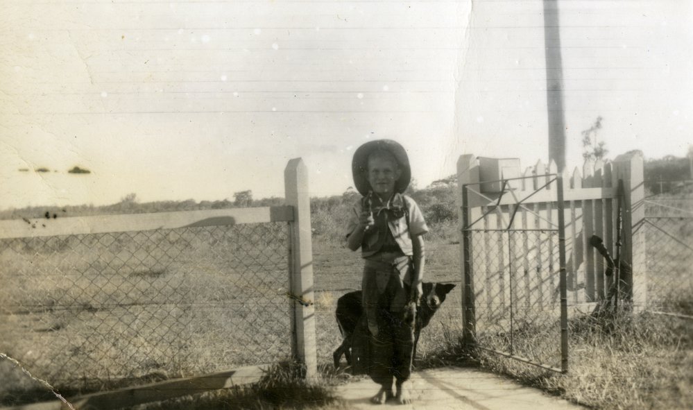 Jim Lowe and Jack (dog), Noosaville, ca 1950