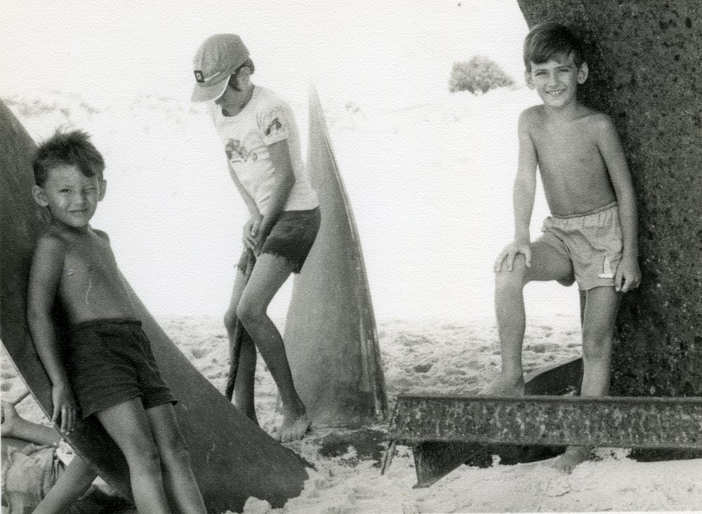 Children on propeller of Cherry Venture, Teewah Beach, ca 1983