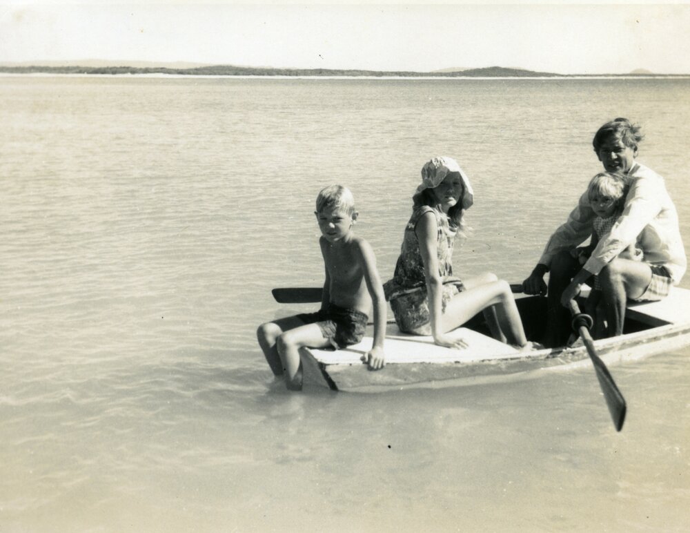 Boating, Carl, Michelle, Elissa and Kevin Freeman, Laguna Bay, Noosa Heads, 20 April 1969