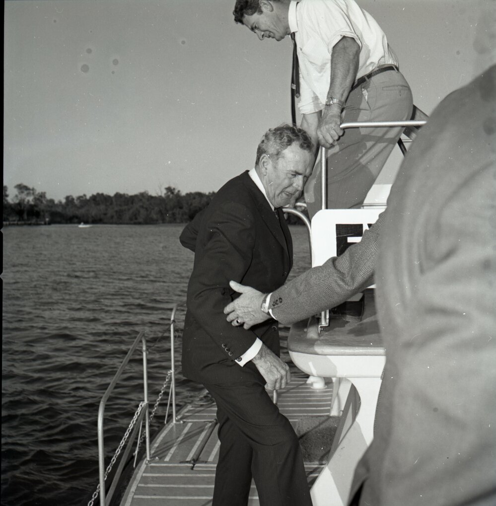 Wally Rae, Minister for Local Government, boarding the Cooloola Queen (Everglades Tours), Parkyn Boat Wharf, Tewantin, 21 June 1971
