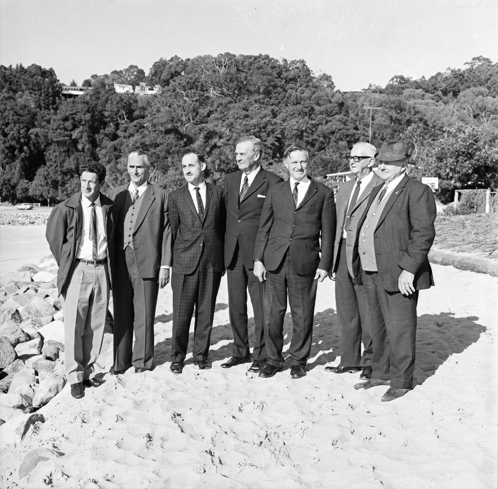 Wally Rae, Minister for Local Government, and dignitaries, Main Beach, Noosa Heads, 21 June 1971