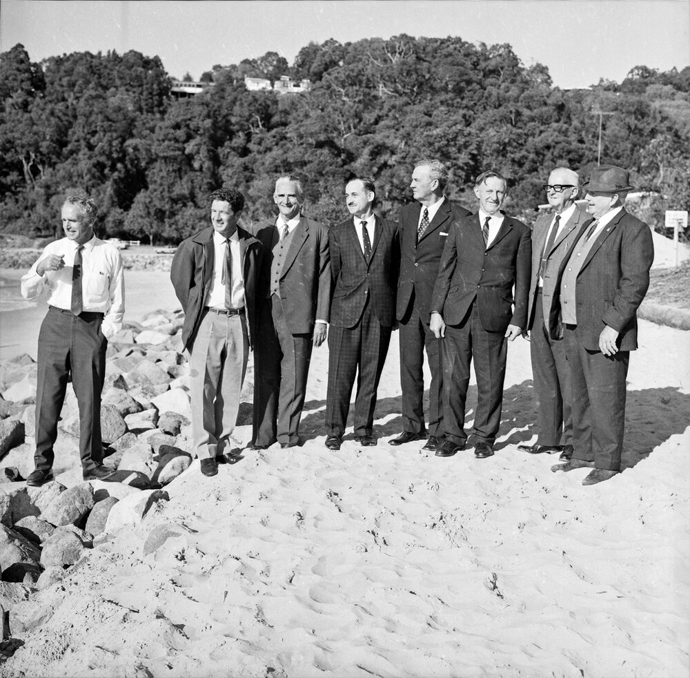 Wally Rae, Minister for Local Government, and dignitaries, Main Beach, Noosa Heads, 21 June 1971