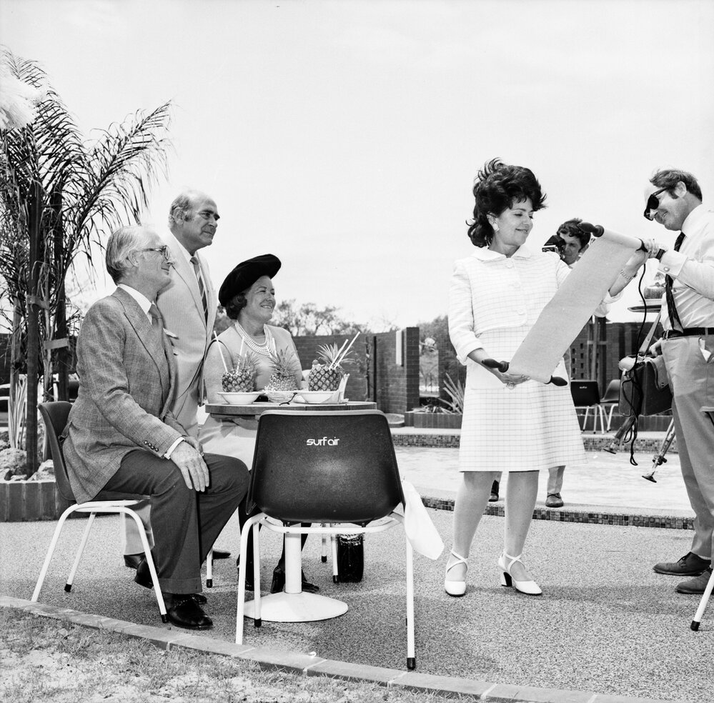 Duke and Duchess of Bedford and Lady Fairfax, Surfair International Hotel, Marcoola, October 1971