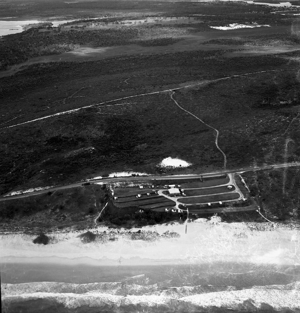 Aerial View, Caravan Park, Castaways Beach, 27 November 1970