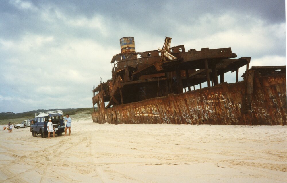 Pam and Wayne Grice (l-r, back of Landrover), Cherry Venture, Teewah Beach, Noosa North Shore, 1996
