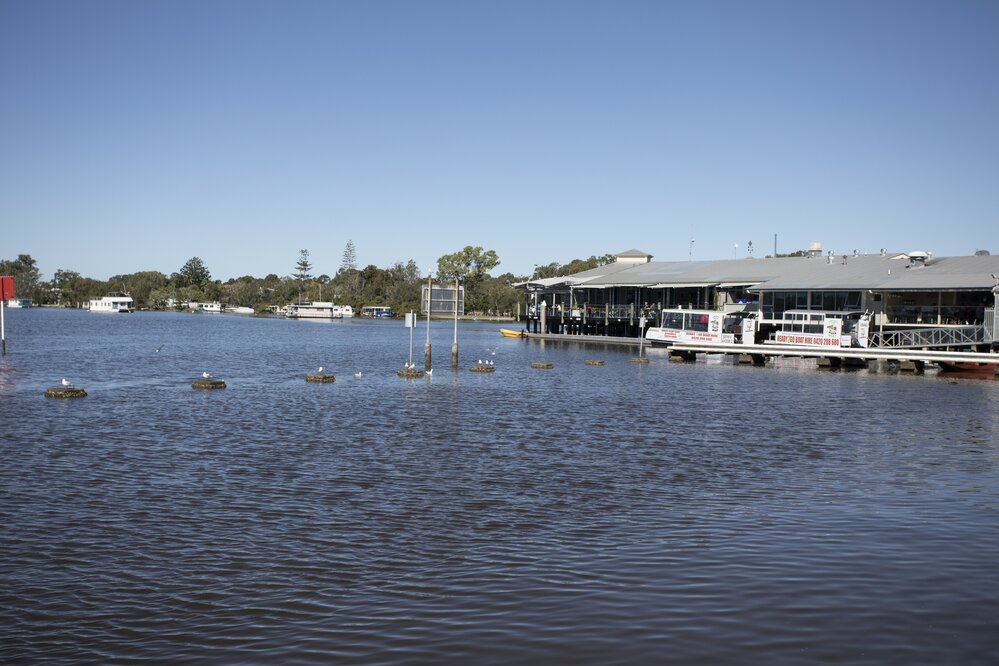 Noosa Marina and old swimming enclosure piers, Noosa River, Tewantin, 1 June 2018