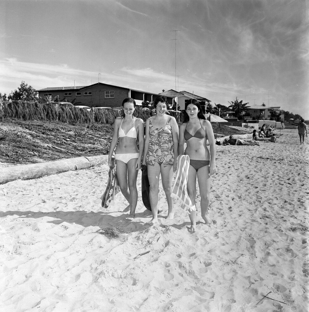 Bikini models, Noosa Main Beach, Noosa Heads, 1971