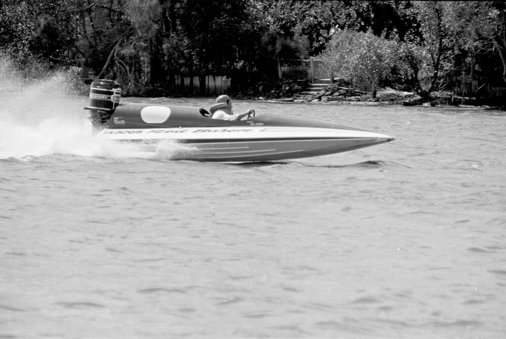 Speedboat Red Barron driven by Noel Atkinson,  Noosa River, Tewantin, 29 August 1971