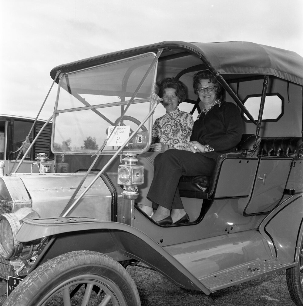 Yvonne Herbert and Phoebe De Vere in Doug Partington's Model T Ford, Sunshine Coast Spring Festival Motorkana, Peregian Beach, 12 September 1971