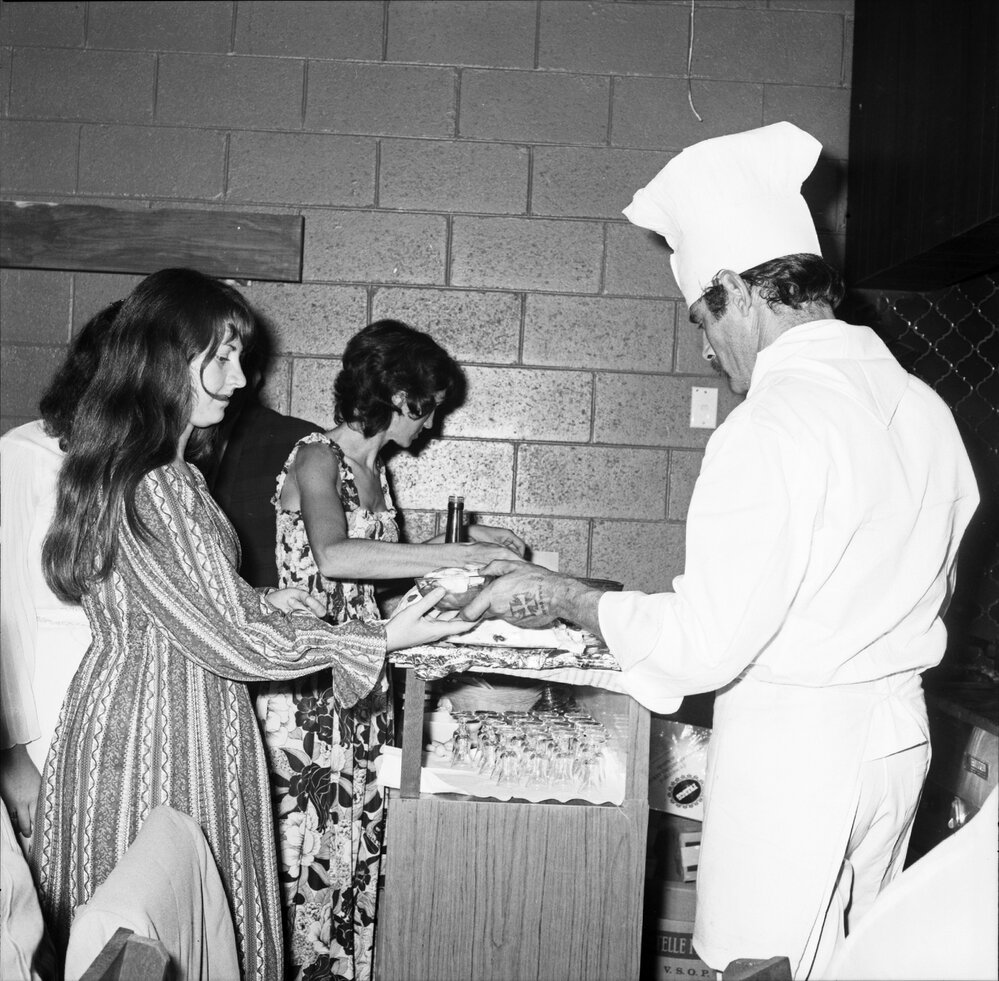 Chef and diners, opening, Village Inn Motel, Hastings Street, Noosa Heads, ca March 1972