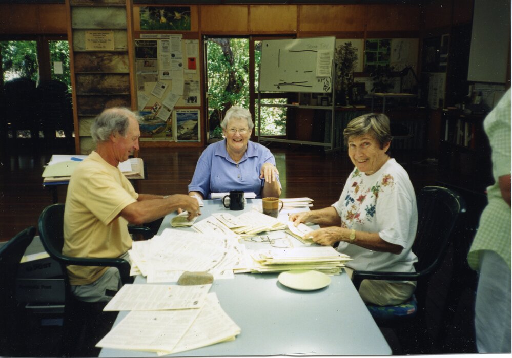 Tony Butt, Rosemarie Stewart and Sonia MacDonald, Newsletter mailout, Environment Centre, Wallace Park, Noosaville, ca 1994