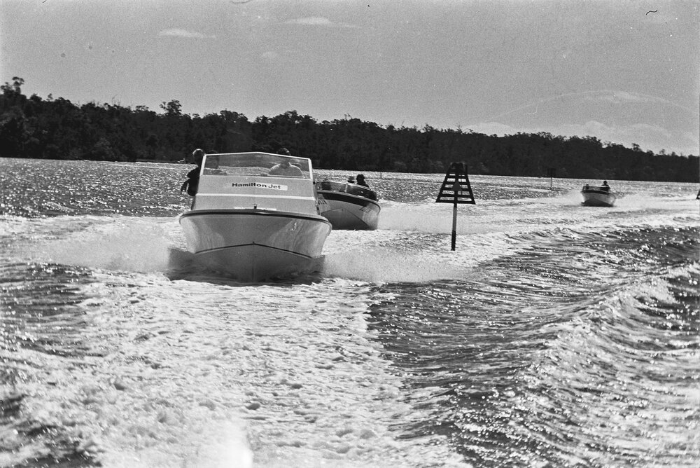 'Hamilton Jet' and other competitors, Power boat races, Festival of Waters, Noosa River, Tewantin, 27 August 1972