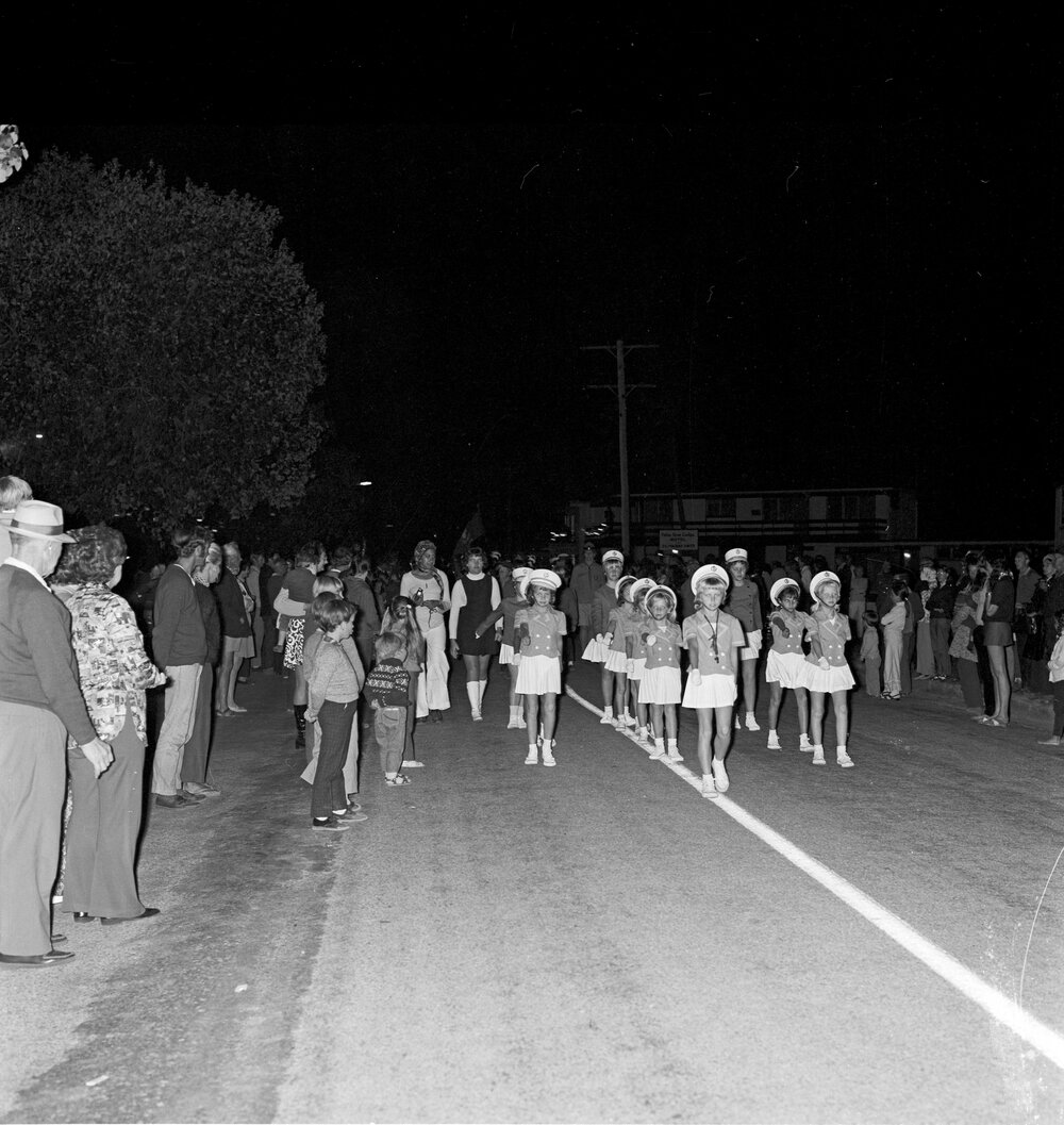 Nambour Marching Girls, Mardi Gras, Gympie Terrace, Noosaville, 2 September 1972