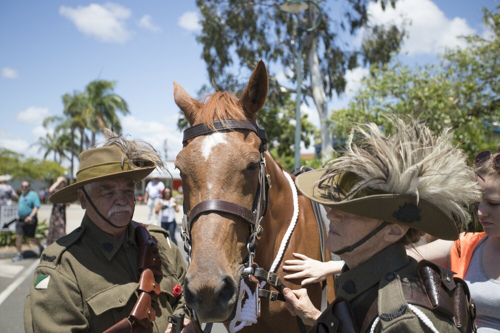 Helen Ainsworth with 'Mistafia' and Terry Parkin, 5th Light Horse Gympie Troop, Remembrance Day, Tewantin, 11 November 2018