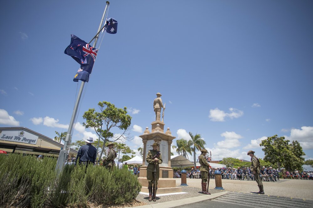 Wayne Hampton, Janet Kake, Trooper Mark Price and Guard Commander Tom Dawson,(l-r), catafalque party, War Memorial, Remembrance Day, Tewantin, 11 November 2018