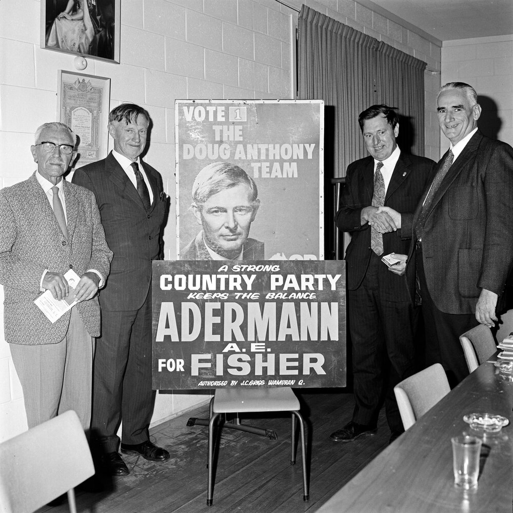 Charles Adermann, Evan Adermann and David Low MLA , Australian Country Party Federal  campaign, February 1972