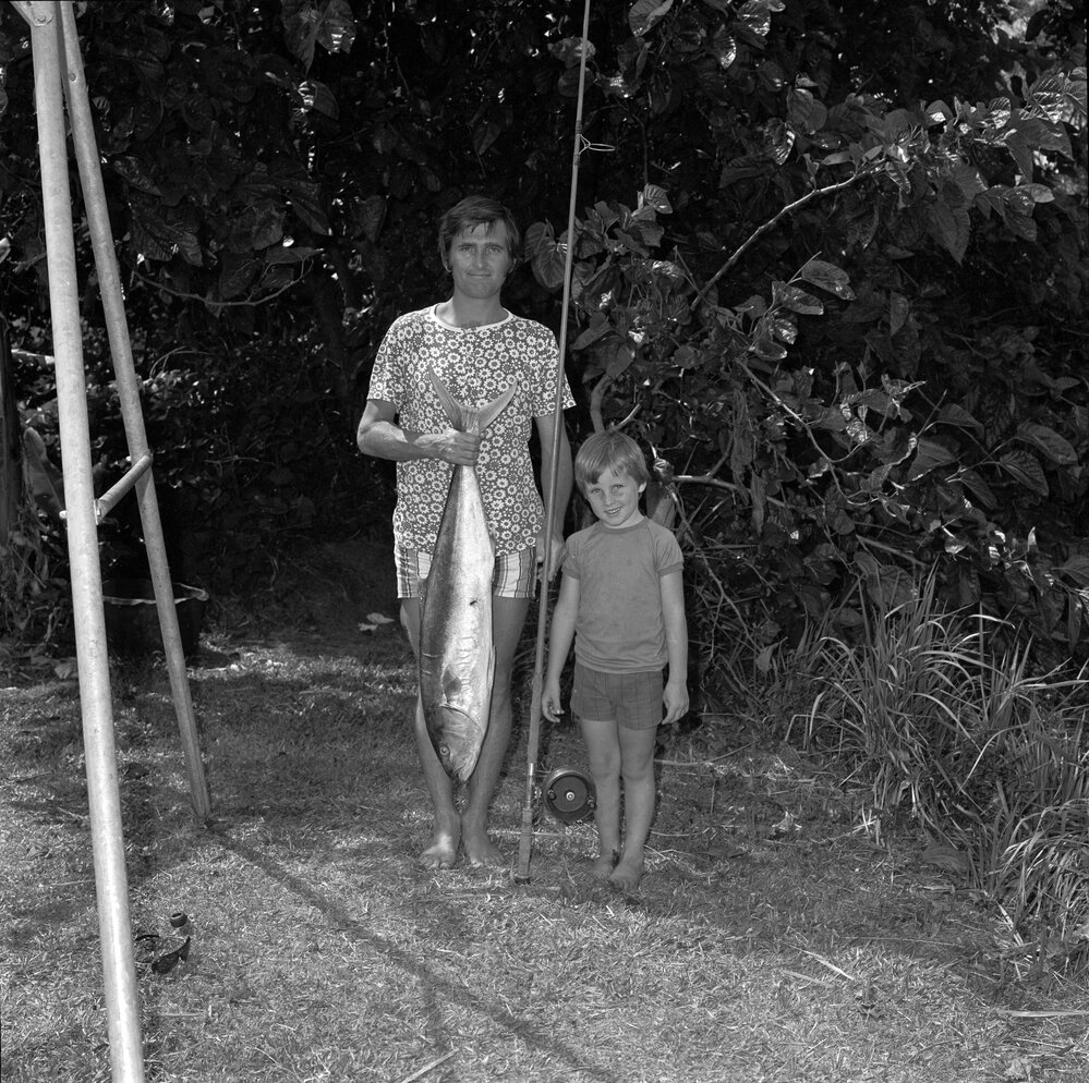 Eric McCarthy and boy, 20lb Yellow Tail King fish, Noosa Sports Fishing Competition, Noosa North Shore, September 1972