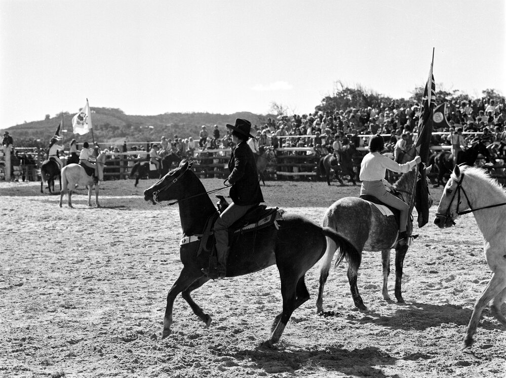 Flag team riders, Noosa Rodeo, Weyba Ranch, Sunset Drive, Noosa Heads, 10 June 1973