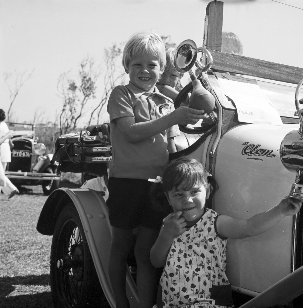 Children with vintage car 'Clem', Motorkana '72, Peregian Beach Show Grounds,  Peregian Beach,  September 1972