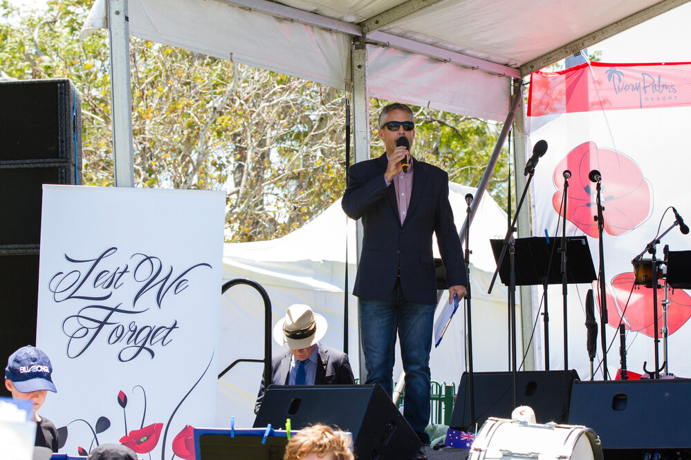 Richard Hansen, Master of Ceremonies, Remembrance Day, Looking Forward to Peace Event, Tewantin-Noosa RSL Memorial Park, Tewantin, 11 November 2018