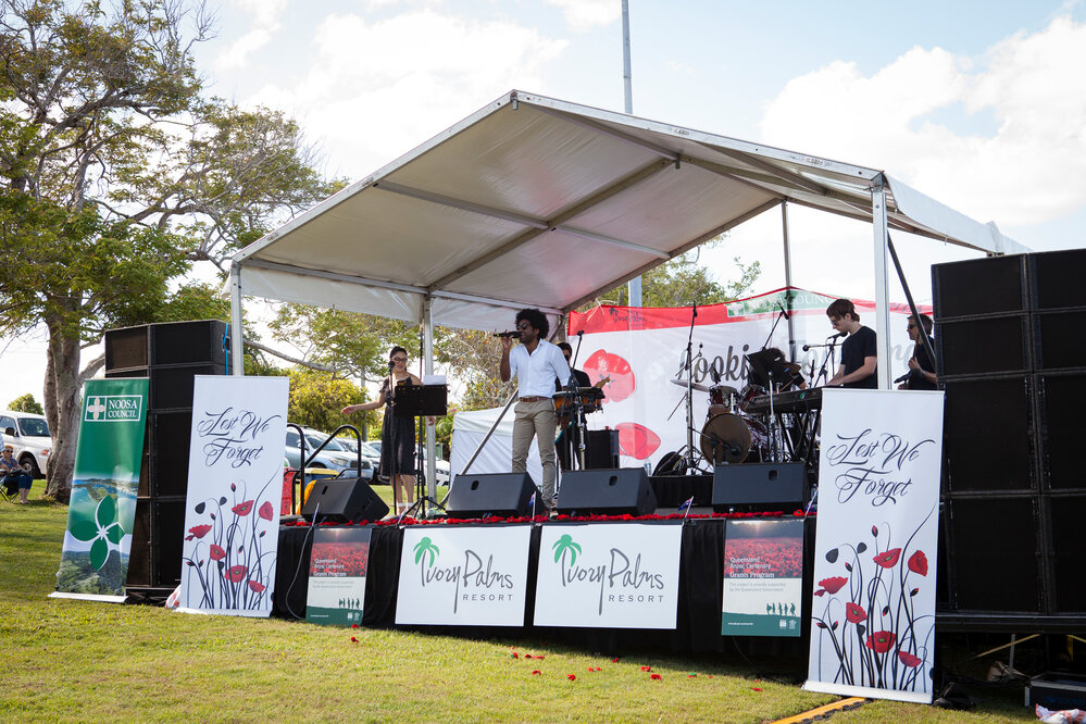 Kimberly Hodgson (left), Lai Utovou (centre) and Band Members, Tewantin RSL, Remembrance Day, Looking Forward to Peace Event, Tewantin-Noosa RSL Memorial Park, Tewantin, 11 November 2018