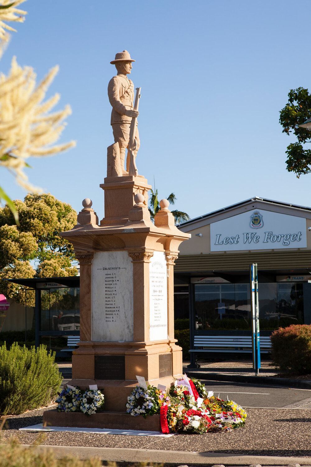 Wreaths and floral tributes, War Memorial, Remembrance Day,  Tewantin, 11 November 2018