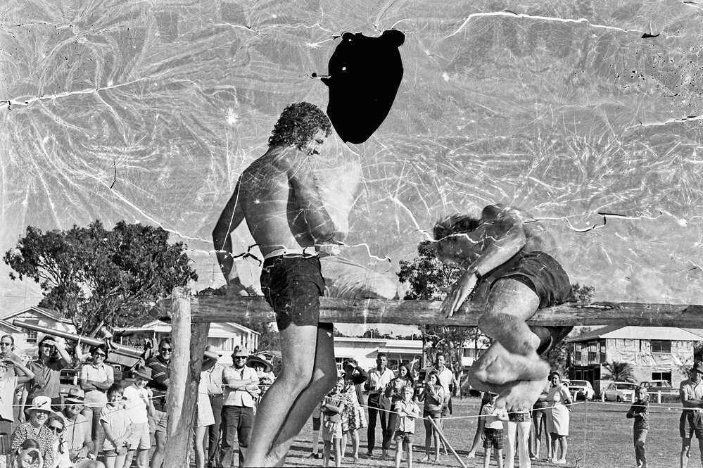 Pillow fight, Noosa Heads Surf Life Saving Club, Festival of Waters, Tewantin, 26 August 1973