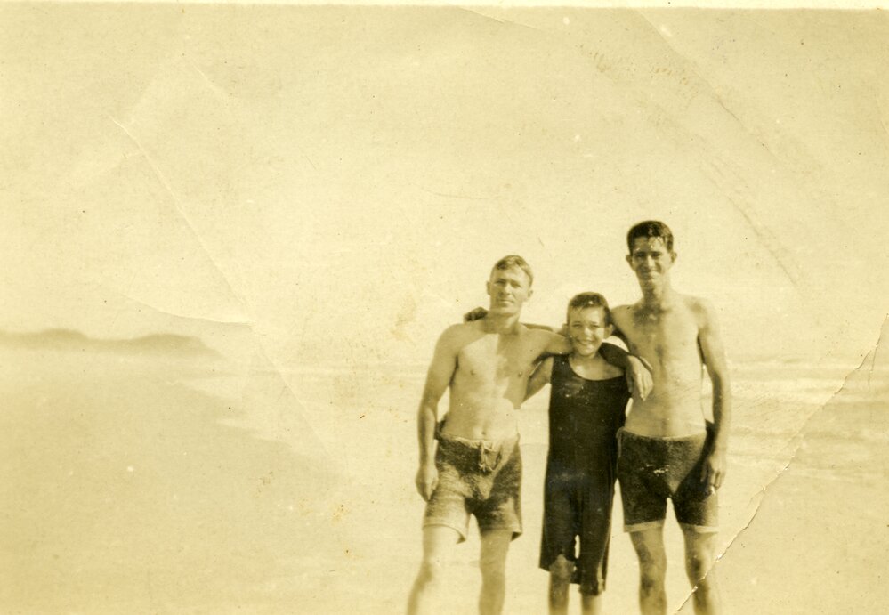 Archibald Craven (on left), Main Beach, Noosa Heads, ca 1920s