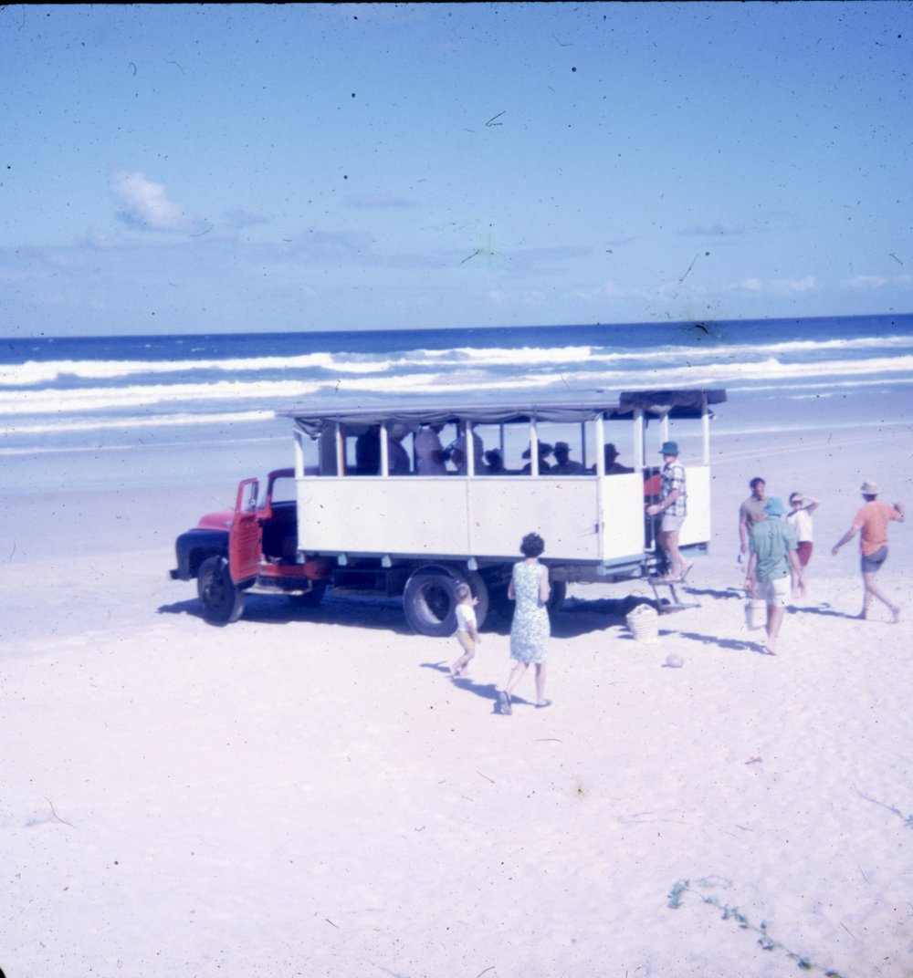 Coloured Sands tour, Teewah Beach, Noosa North Shore, ca 1968