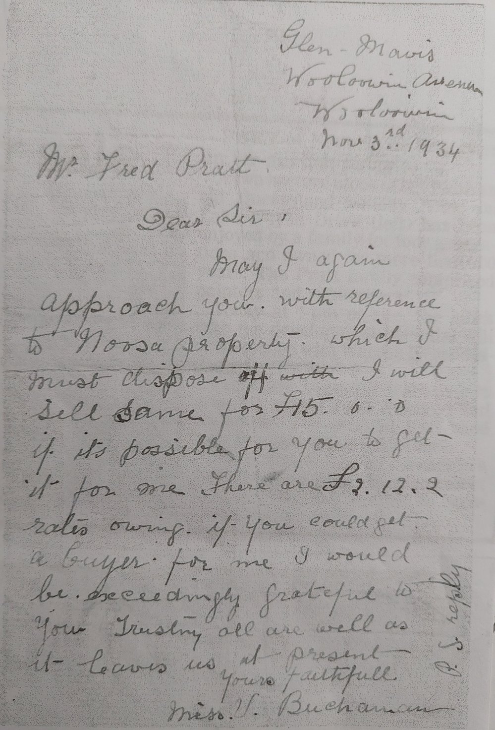 Request to purchase letter, 135 Lake Weyba Drive, Noosaville, 3 November 1934