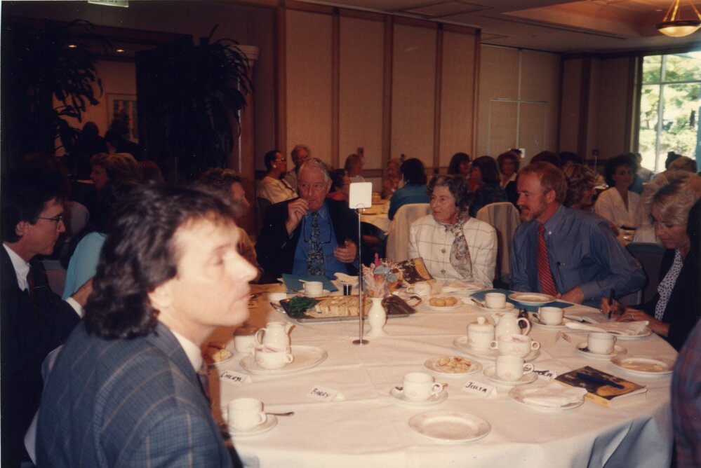 Official table, Noel Playford (blue shirt, red tie) and Nancy Cato (centre), launch of Nancy's Cato's book, Sheraton Hotel, Noosa Heads, ca 1990s